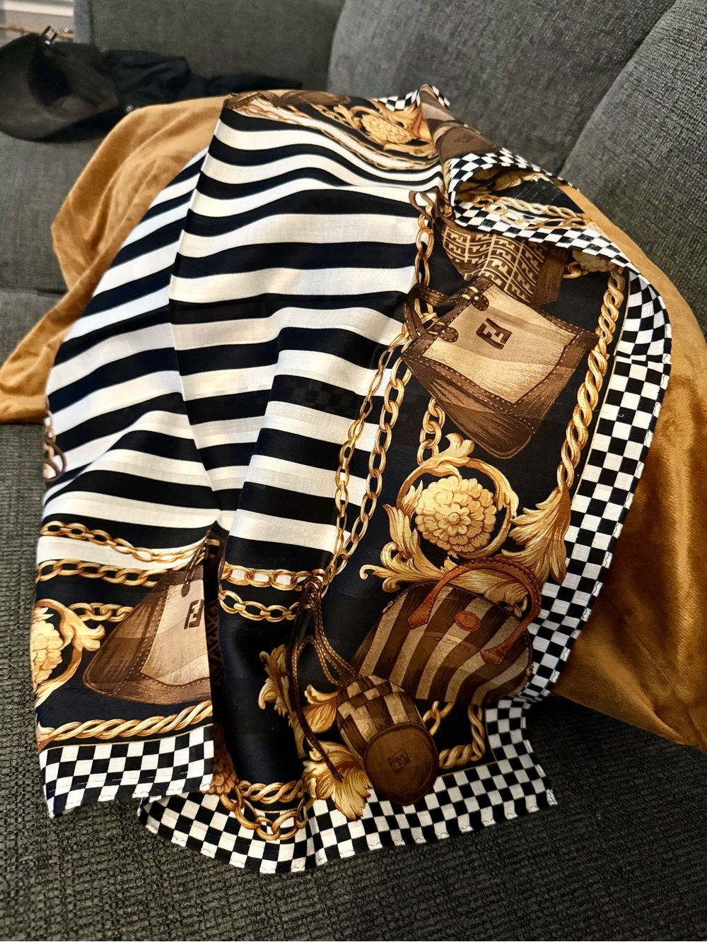 Fendi Black, White & Gold Silk-Print Scarf vintage no tags